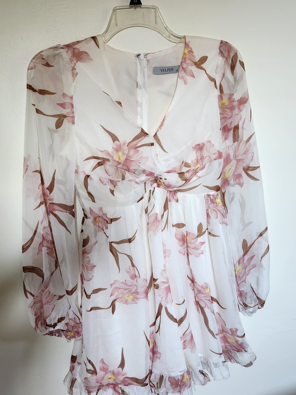 White & Pink Floral Long-Sleeve Mini Dress